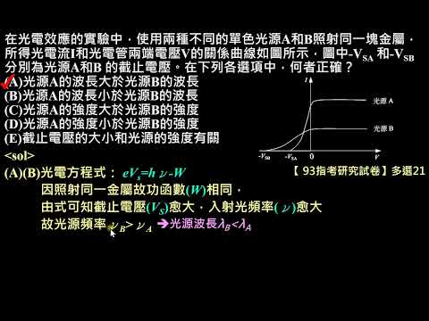 量子現象【例題】【指考研究試卷】93 多選21：光電流與遏止電位關係圖（選修物理Ⅴ）