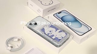 iphone 15 plus (blue) unboxing + aesthetic set up 🎐 2024