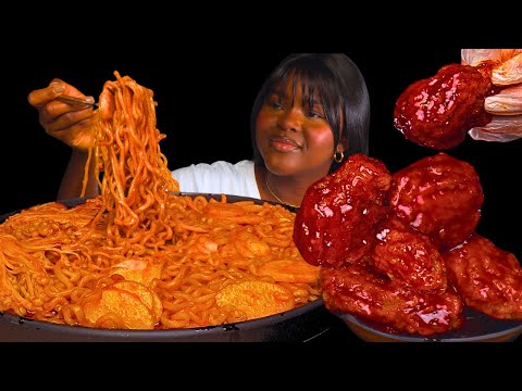 ASMR SPICY CHICKEN WINGS, SPICY NOODLES, ENOKI Tteokbokki: 떡볶이)MUKBANG (Talking)Sticky Eating Sounds