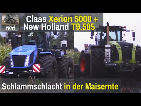 Schlammschlacht in der Maisernte Claas Xerion 5000 + New Holland T9.505