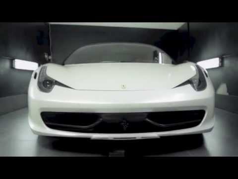 VViViD 8 vinyl wrap on a ferrari 458 - True R carbon black accents + pearl white gloss