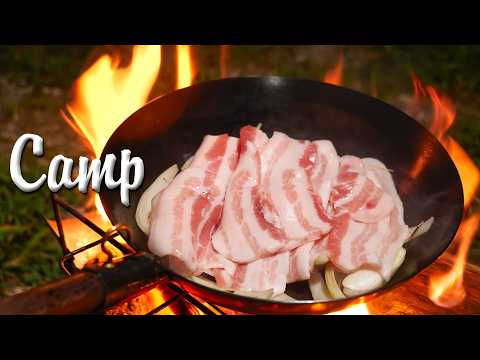 Hearty camping meal with white rice and pork belly!