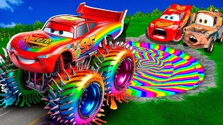 Rainbow Pit Transform In Big & Small: Lightning Mcqueen  & Mater vs  Pixar Cars! Beam.NG Drive!