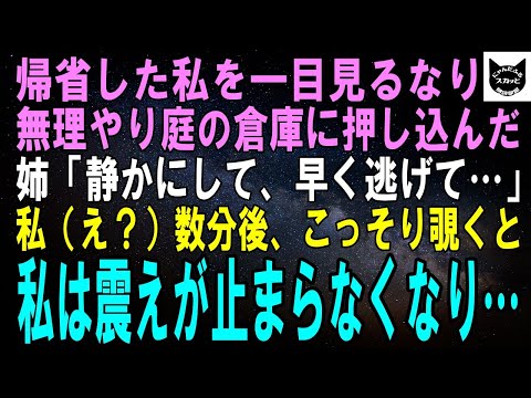 【スカッとする話】姉の結婚祝いで帰省するといきなり姉に庭の倉庫に押し込まれた…。姉「絶対に声を出さないで、ここから逃げて」私「え？」数分後、家の中を覗くと私は震えが止まらなくなり…【修羅場】