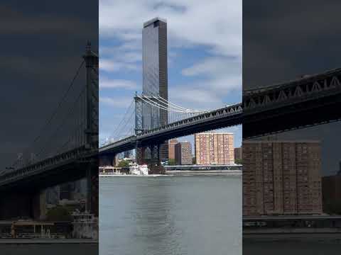 View of the Manhattan Bridge and the Brooklyn Bridge in NYC from Pebble Beach in Dumbo, Brooklyn!