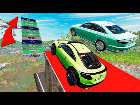 Audi Cars Vs River Mega High Container  Jump Test #8   Speed Car Crash   BeamNG Drive