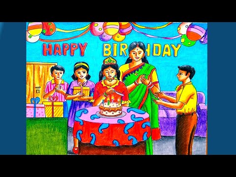 Birthday party scenery drawing/Happy birthday celebration scenery drawing/Birthday drawing