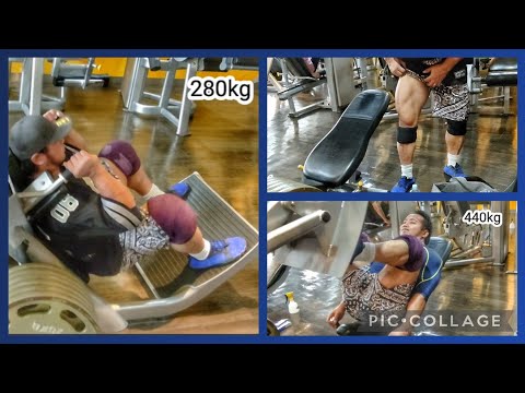 ハック280kg、レッグプレス440kg、レッグカール、フロントスクワットなど。膝が悪いので重量、内容は調整メニュー。