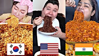 KOREAN VS AMERICAN VS INDIAN! EATING TONS OF NOODLES MUKBANG!🍜🙀😱🤯