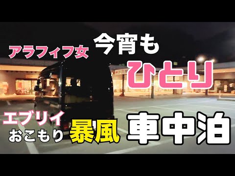 【車中泊】エブリイDA17V/暴風の中揺れまくる車内におこもり/ガスストーブでぽかぽか/アラフィフ女/道の駅【マイ暖】