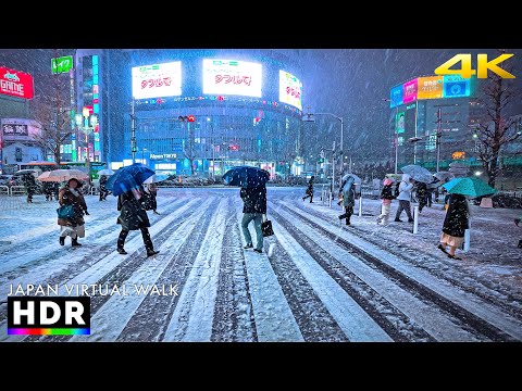 Tokyo Japan - Shinjuku Snowy Night Walk • 4K HDR