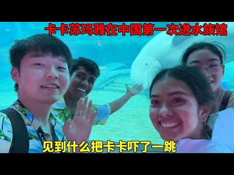 外国父女卡卡苏玛雅来三亚，第一次进水族馆，见到什么把他吓一跳【大头小头去旅行】