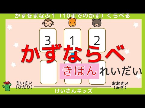 【かずならべ きほん　れいだい】【幼児・子供向け さんすう知育動画】   ひだりから小さい順に 数字をならべよう！すうじのじゅんばん　小さい順　数字をならべる　どうぶつ　カード