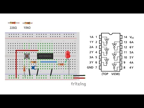 I tried the LED-flashing and Schmitt trigger circuits with the TC74HC14AP, but...