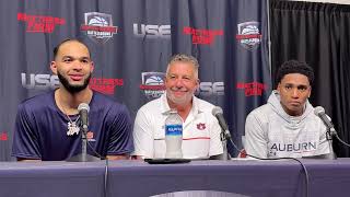 Auburn head coach Bruce Pearl, Johni Broome and Tahaad Pettiford following 74-69 win over Houston!