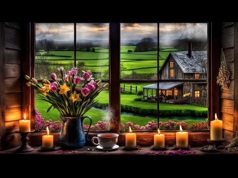 SPRING TIME FARM WINDOW AMBIENCE-COZY NOOK-CANDLE GLOW-BUTTERFLY-BIRD SONGS-MAKING A CUP OF TEA ASMR