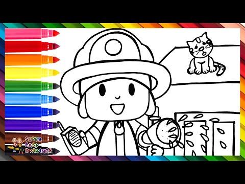 Draw and Color Firefighter Pocoyó Rescuing a Cat 👶👨‍🚒🔥🚒😿 Drawings for Kids