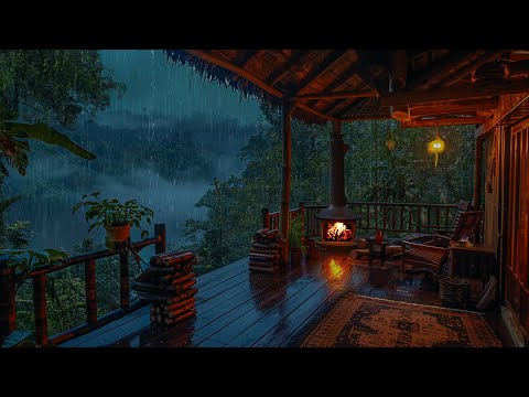 Cozy Rainy Balcony⚡Soothing Sounds of Fireplace and Thunderstorm Lulling You to Sleep, Healing