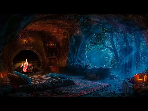 Hiding In A Cozy Cave Room On Stormy Night ⛈️ Heavy Rain, Thunder with Fireplace Sound for Sleeping