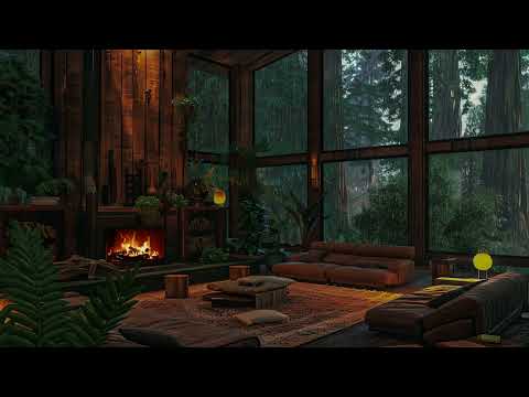 A Living Room Inside Rain Forest Ambience - Rain and Fireplace Sounds for Your Sleep, Relax