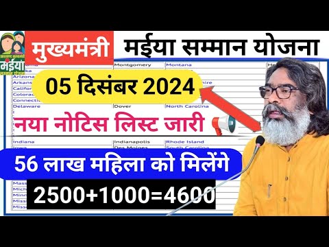 05 दिसंबर 2500+1000 मिलना शुरू| एक साथ मिलेगा | Maiya Samman Yojana ka Paisa kab aaega |Maiya Yojana