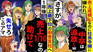 売上成績No.1なのに社長令嬢に嫌われ売上最下位の田舎支社に左遷「中卒は追放～w」→1年後、社長令嬢が田舎支社に現れ「売上1／10になったの、助けて!」