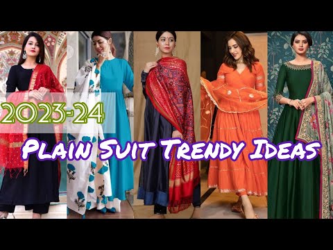 New 2023-24 Trendy Plain Suit Printed Dupatta Ideas // Traditional Punjabi Suit Collection For Girls