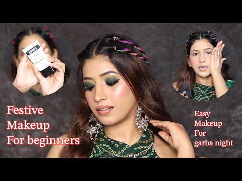 INDIAN FESTIVE MAKEUP TUTORIAL FOR BEGINNERS ✅| GARBA NIGHT MAKEUP | GREEN SMOKEY EYESHADOW STEPS