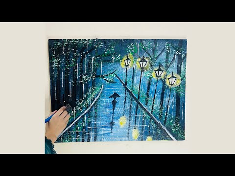 Rainy Night Serenity 🌧️✨: A Beautiful Wall Painting of a Peaceful Evening Scene 🎨🌙