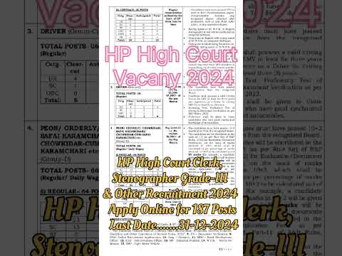 HP High Court Vacancy 2024 | HP High Court Clerk Vacancy |हिमाचल हाई कोर्ट भर्ती नोटिफिकेशन 2024||