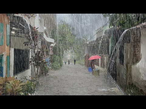 Super heavy rain and strong wind thunderstorms in my village || fell asleep to the sound of the rain