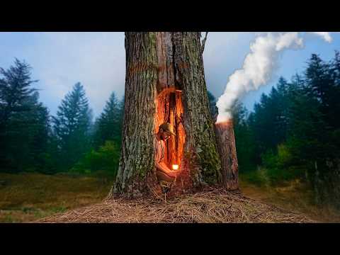 Building a Warm Secret Shelter deep inside a great OAK tree, Clay oven