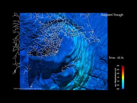 【首都直下地震】内閣府モデルによる震源シミュレーションと地盤変動予測(地盤変形は500倍で表示)