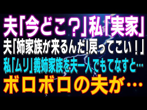 【スカッとする話】夫「今どこ？」私「実家」夫「姉家族が来るんだ！戻ってこい！」私「ムリ」義姉家族を夫一人でもてなすと…ボロボロの夫が…