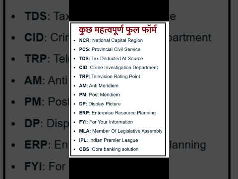 Some Important Full Forms : NCR PCS TDS CID TRP AM PM DP ERP FYI MLA IPL CBS CC COD KA FULL FORM