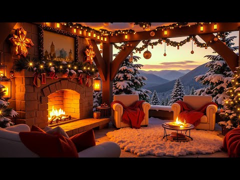 Relaxing Winter Snowfall Day with Soft Jazz Music on Cozy Winter Porch ⛄ Fireplace Sounds for Unwind