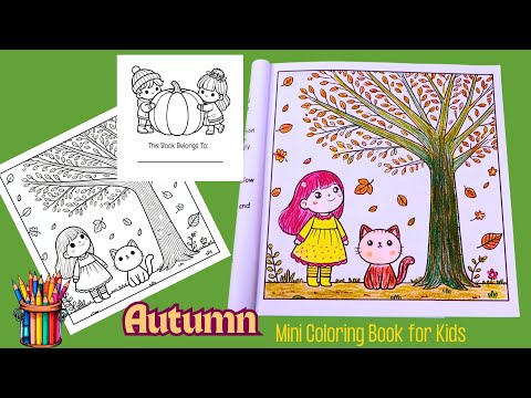 Autumn Coloring Fun for Kids | Little Girl, Cat , Big Tree & Falling Leaves | Cute coloring Page