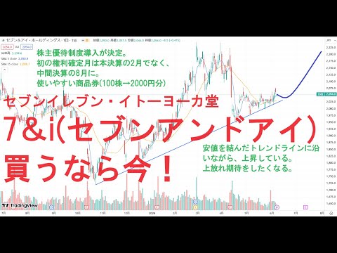 セブンイレブン・イトーヨーカ堂有するセブンアンドアイ(7＆i)HD株価日足チャートが上昇を予感させる形状になっている。8月権利確定月で株主優待を導入。配当＆優待利回り3%。優待は商品券で利用しやすい。