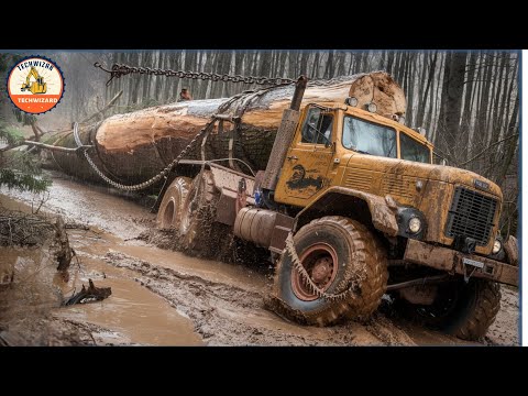 Massive Wood Logging Truck in Action, World's Largest Heavy Equipment Machines