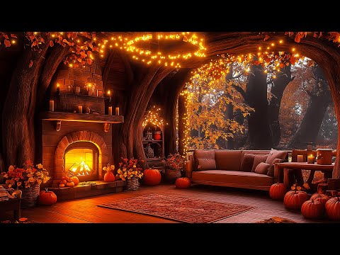 Cozy Porch Space in the Autumn Forest 🍁 Jazz, Pumpkin Glow and Crackling Fireplace for Sleep & Heal