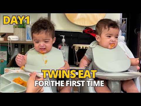 Twin Babies Try eating Banana for the first time