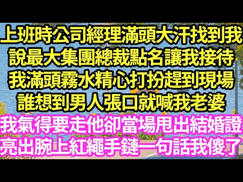 上班時公司經理滿頭大汗找到我,說最大集團總裁點名讓我接待,我滿頭霧水精心打扮趕到現場,誰想到男人張口就喊我老婆,我氣得要走他卻當場甩出結婚證,亮出腕上紅繩手鏈一句話我傻了#甜寵#小說#霸總