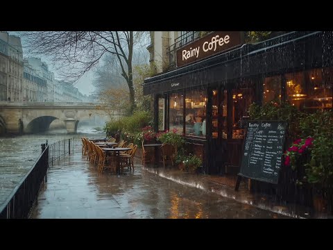 Rainy Venice, Torrential Downpour Outside a Riverside Café - A Relaxing and Serene Atmosphere