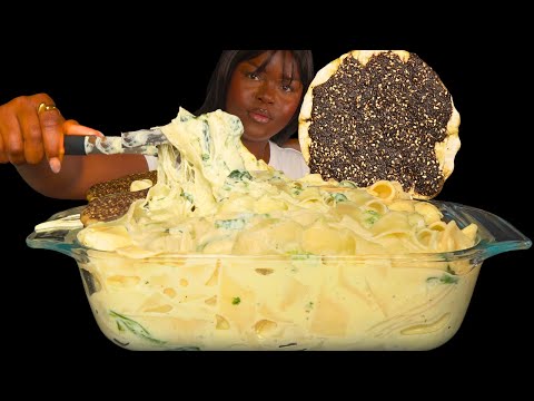 ASMR CHEESEY ALFREDO CREAMY PASTA MUKBANG (NO Talking) |Slurpy Sticky Eating Sounds