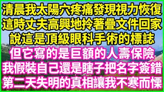 清晨我太陽穴疼痛發現視力恢復，這時丈夫高興地拎著疊文件回家，說這是頂級眼科手術的標誌，但它寫的是巨額的人壽保險，我假裝自己還是瞎子把名字簽錯，第二天失明的真相讓我不寒而慄！#情感故事 #花開富貴