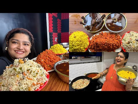 3 PULAO RECIPE WITH BEHIND THE SCENES OF MADDYEATS | BASANTI PULAO, TAWA PULAO & VEGETABLE PULAO