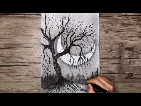 Drawing a Leafless Tree in a Night Landscape | How to Draw Scenery with Pencils