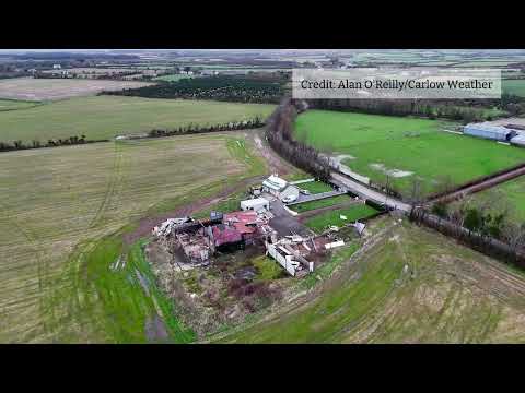 Aerial view of damaged caused by suspected tornado in Wexford