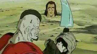 Kenshiro sawing through some guy's head