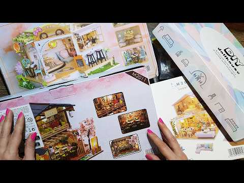 Box opening DIY miniature dollhouse kit Cat cafe, Sushi restaurant, Sweet time house